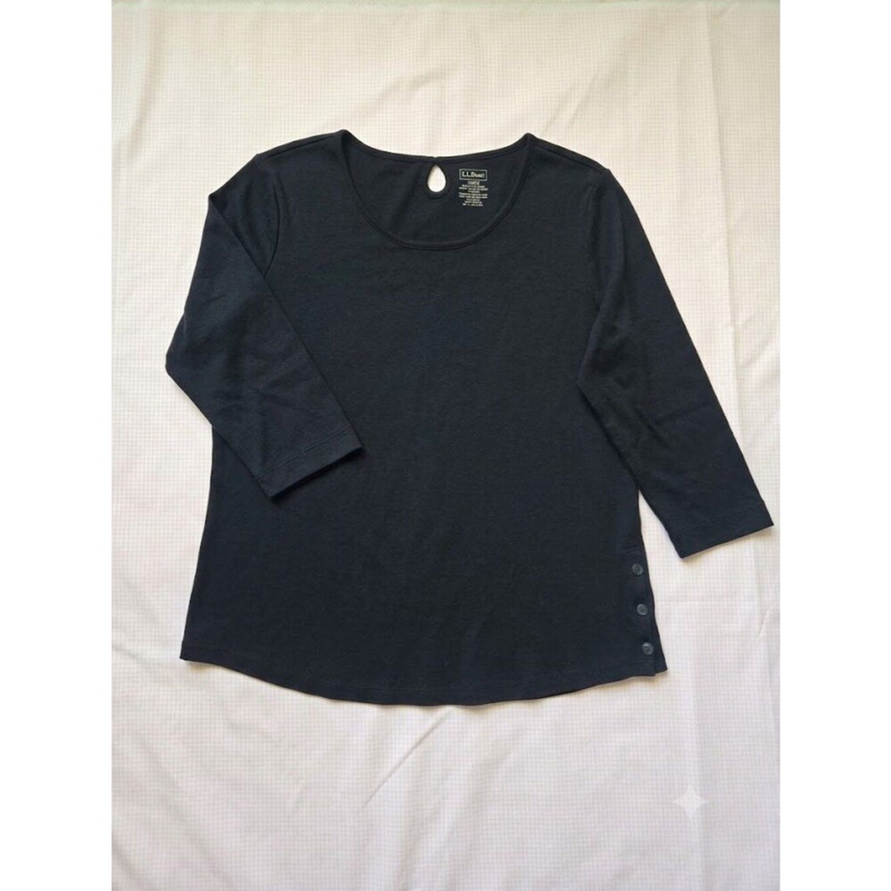 L.L. Bean Black Long Sleeve Knit Shirt Side Buttons Accent Sz L